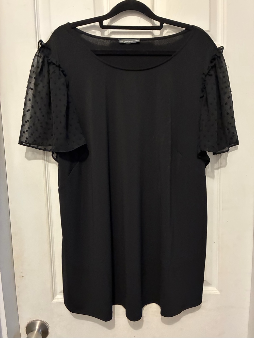 Adrianna Papell Black Swiss Dot Flutter-Sleeve Blouse